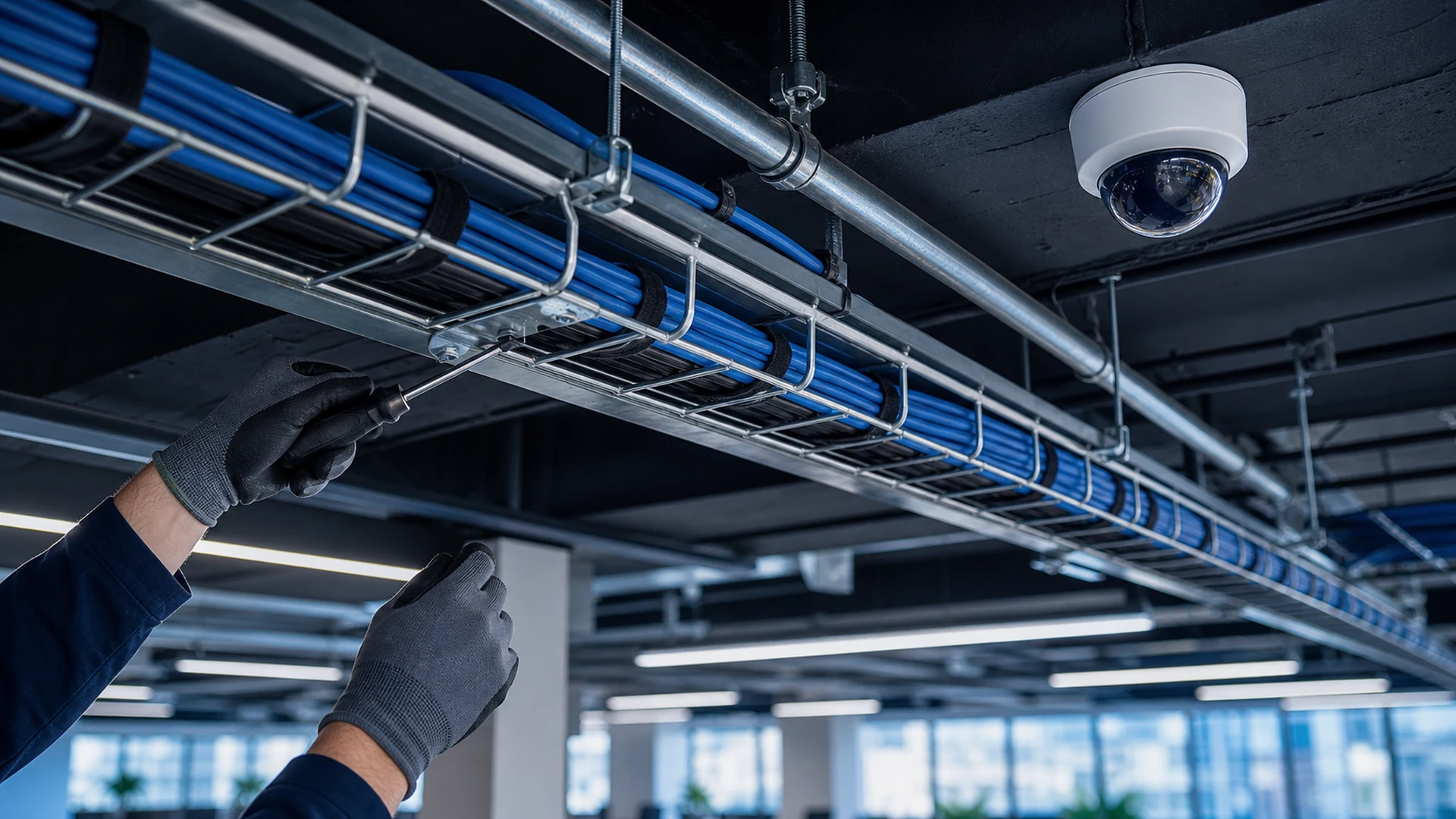 Technician securing blue Cat6 and low-voltage cabling on a supported commercial ceiling pathway