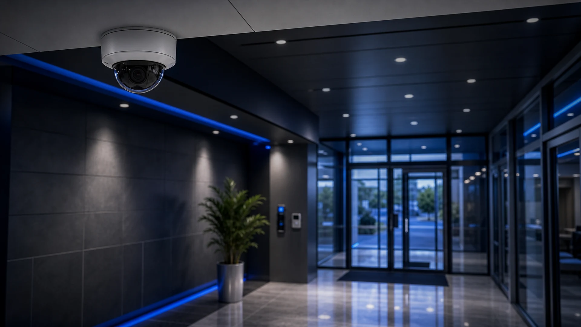 Finished commercial lobby with a security camera and credential reader supporting access-control entry