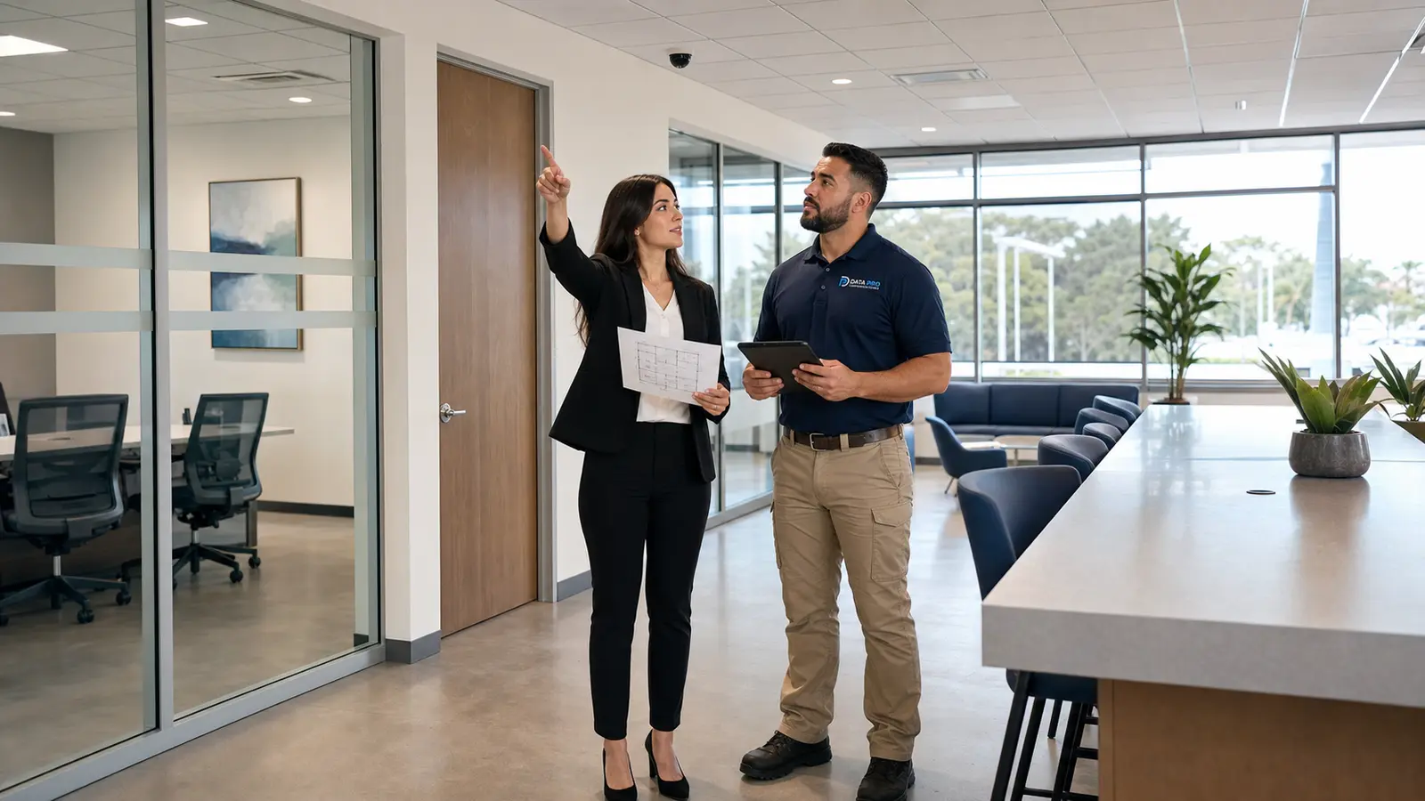 Data Pro Communications consultant reviewing integrated security and low-voltage needs with a Lakeland facilities manager