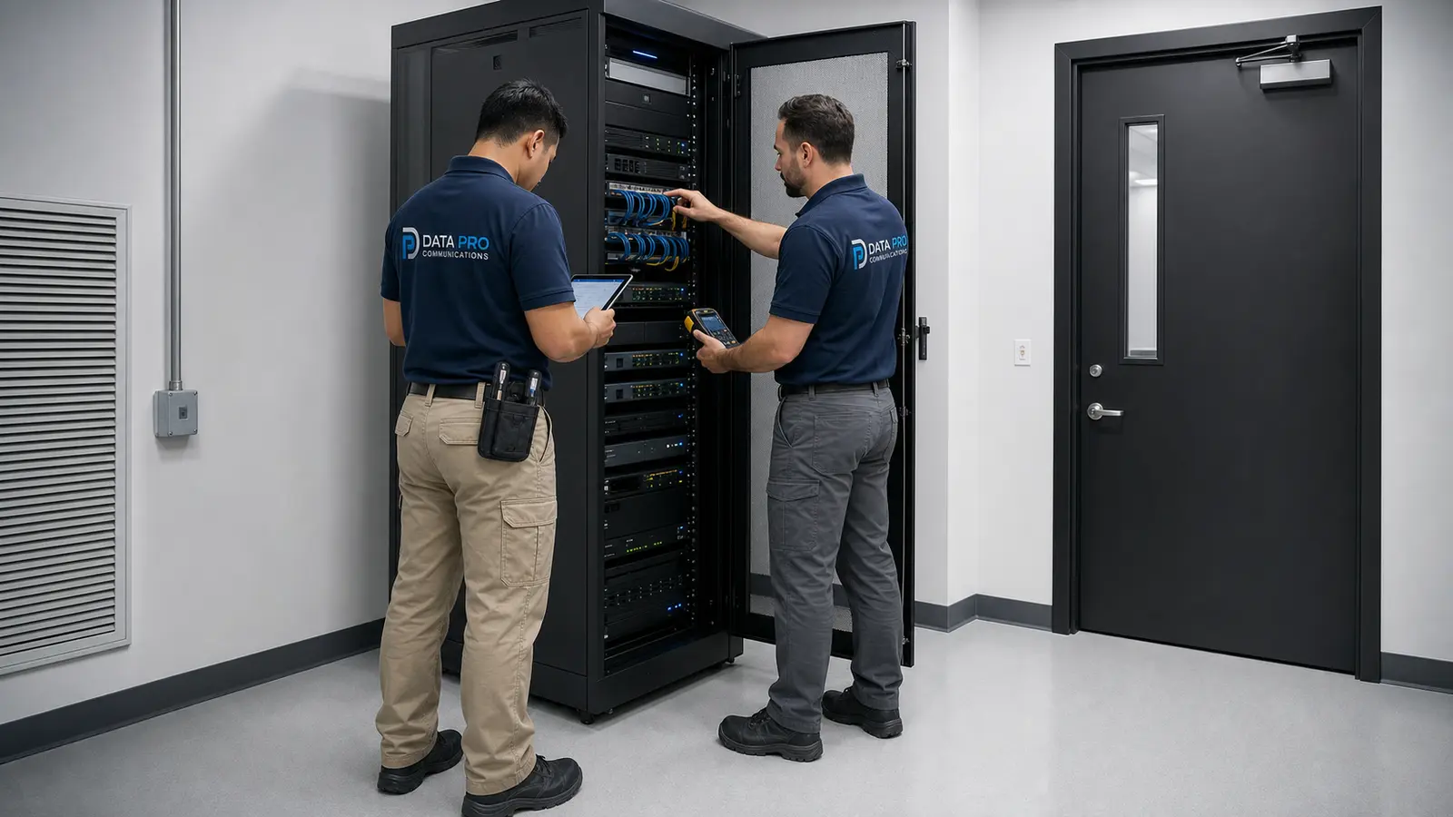 Data Pro Communications technician assessing an existing camera system inside a dedicated equipment room