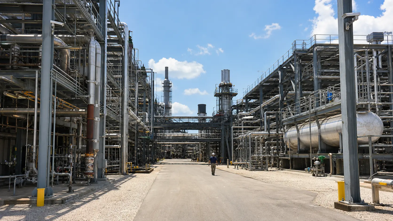 Operating industrial process plant with pipe racks, vessels, structural steel and discreet perimeter camera coverage