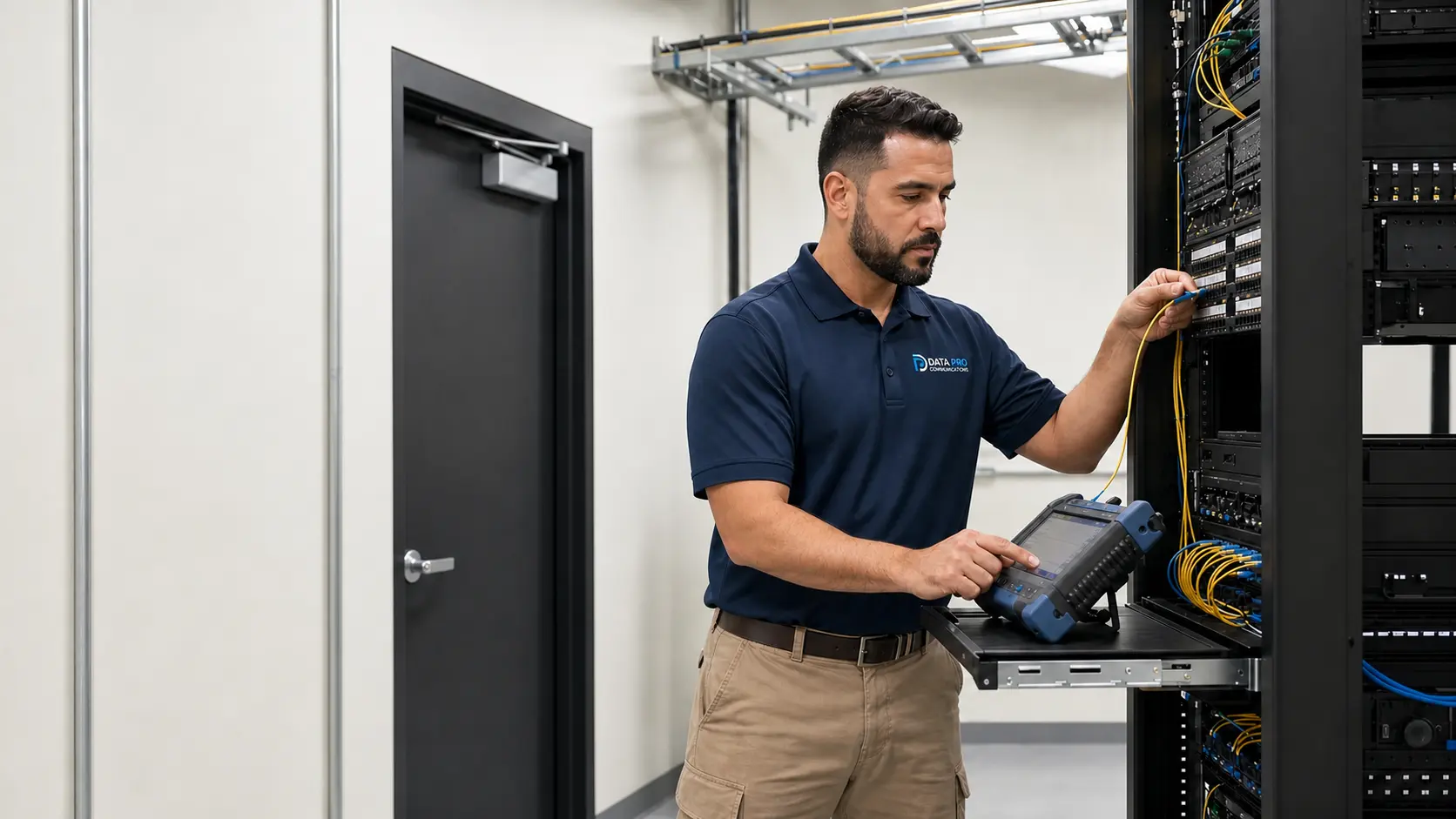 Data Pro Communications technician testing a clean commercial fiber link beside an organized rack and finished wall