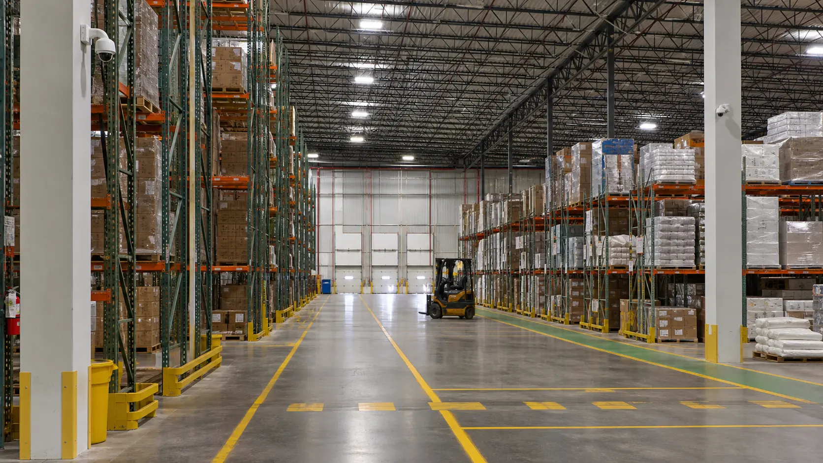 Interior warehouse aisle with tall pallet racking, marked forklift lanes and professionally placed security cameras