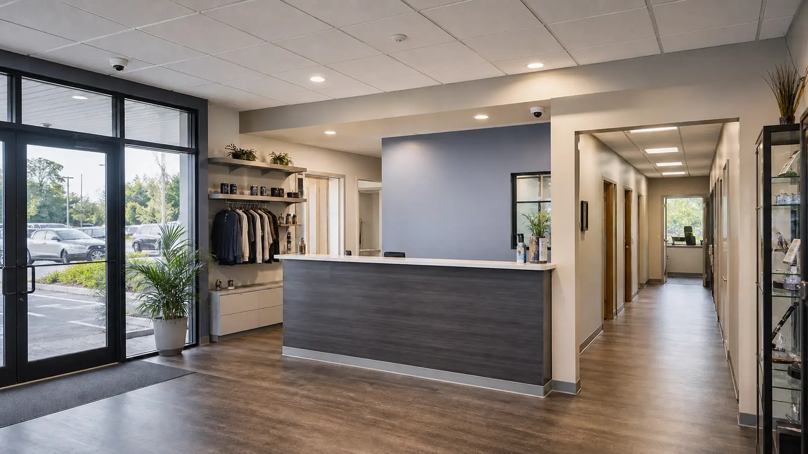 Finished Lakeland retail and office reception with discreet CCTV coverage at the entrance and service counter
