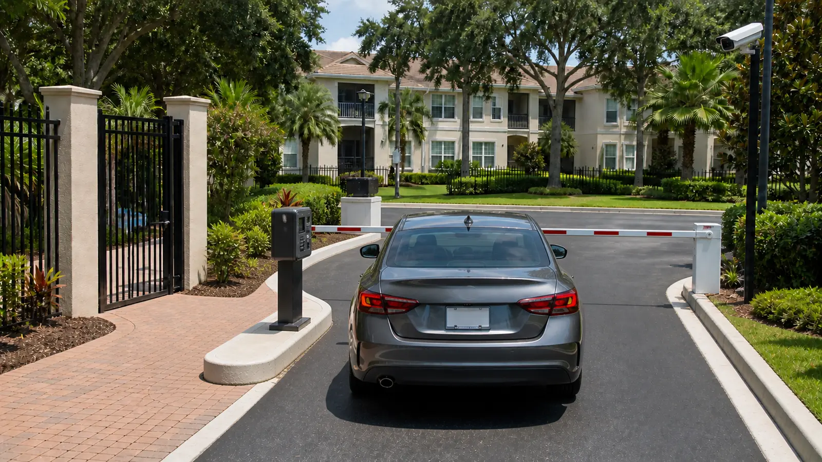 Exterior community intercom positioned before a controlled vehicle gate with practical camera coverage