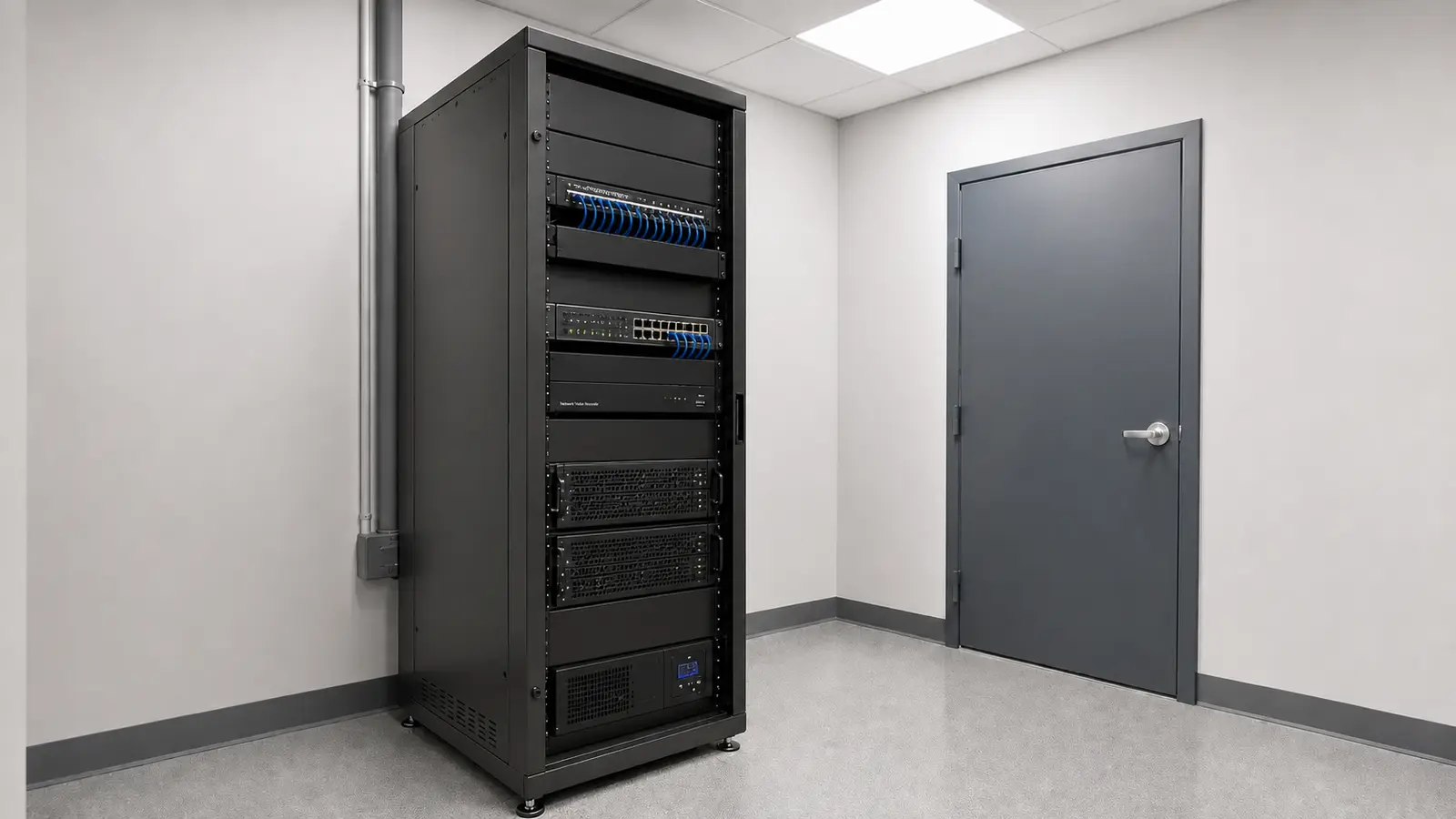 Recorder and video-storage equipment installed inside a dedicated commercial equipment room