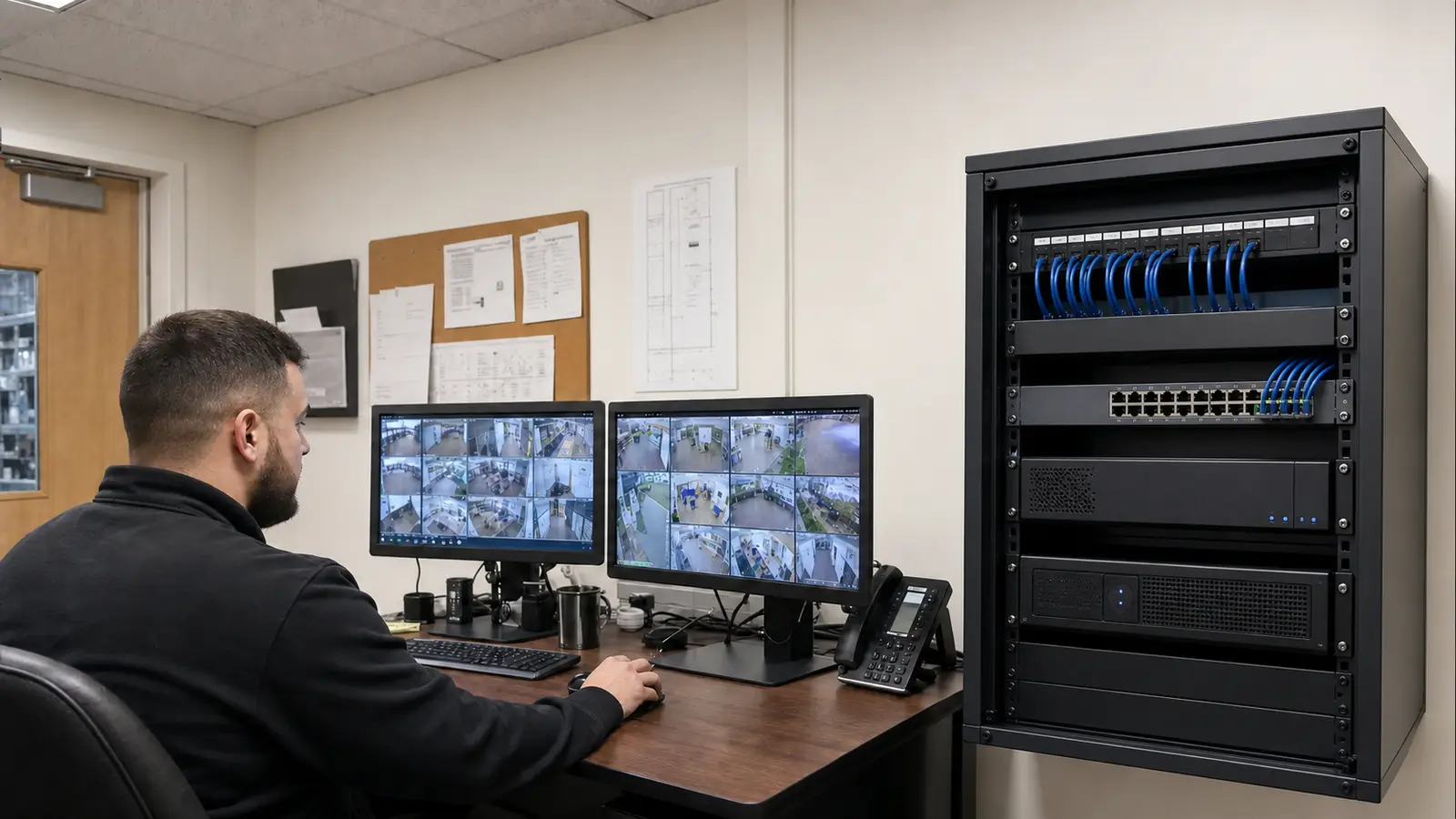 Commercial security operations workstation displaying authorized live and recorded camera views