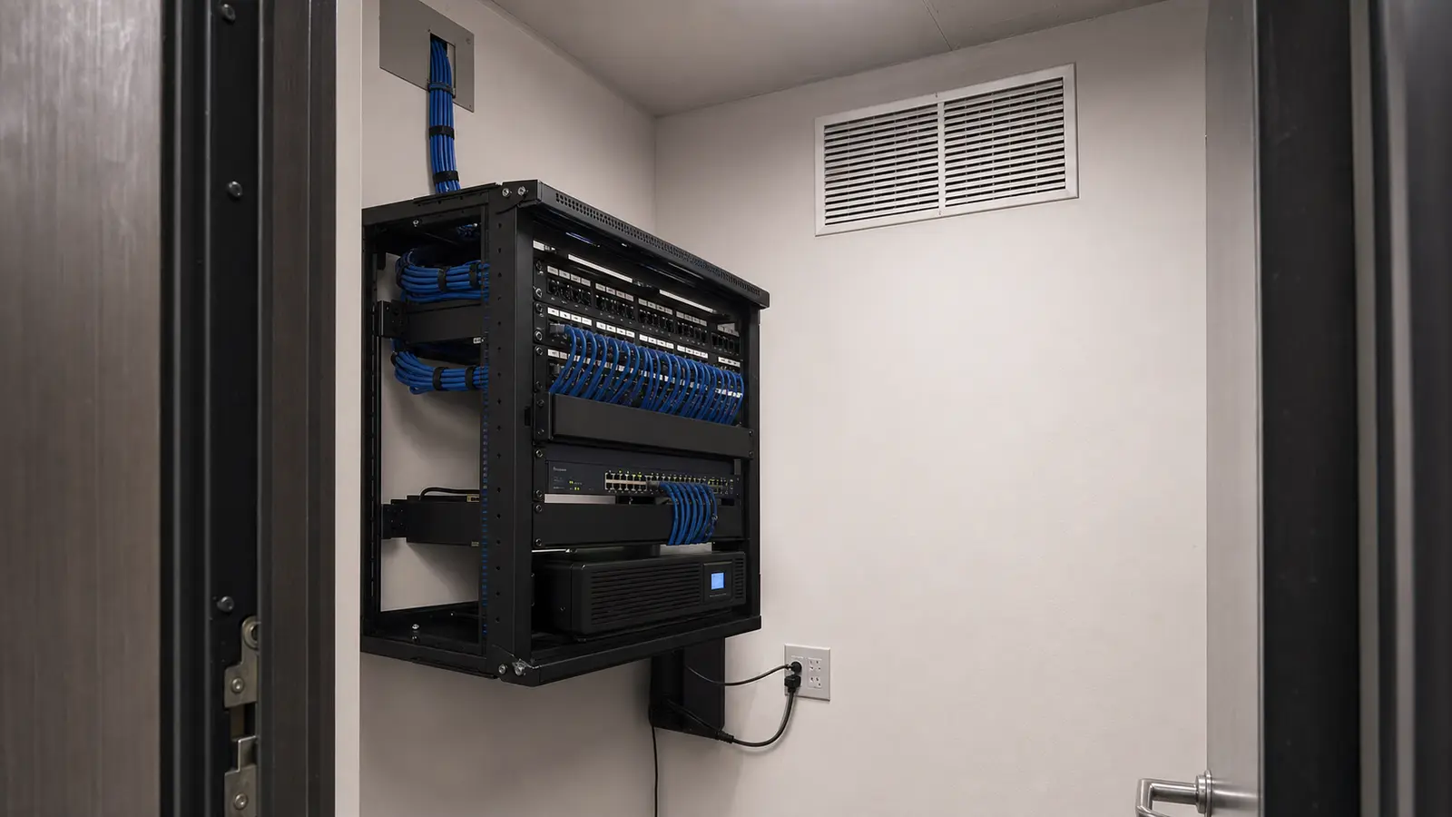 Organized commercial structured-cabling rack with patch panels, PoE switching and supported cable pathways