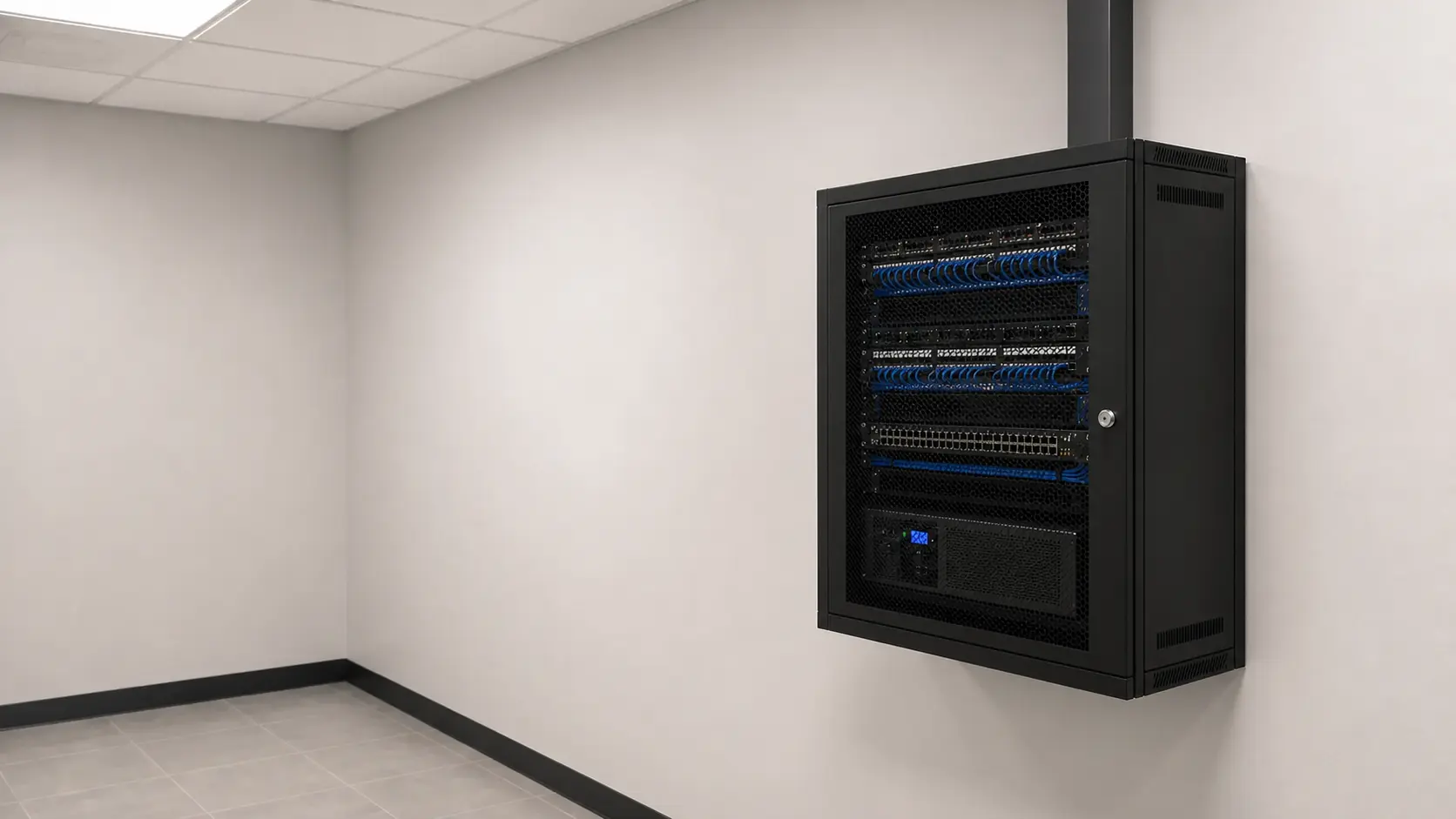 Closed lockable wall-mounted network cabinet with a concealed cable pathway entering through a vertical surface raceway