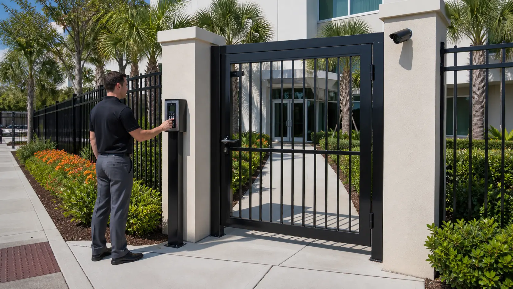 Selected larger residential or managed Lakeland property entrance with an exterior intercom on the public approach side and camera coverage before the controlled boundary