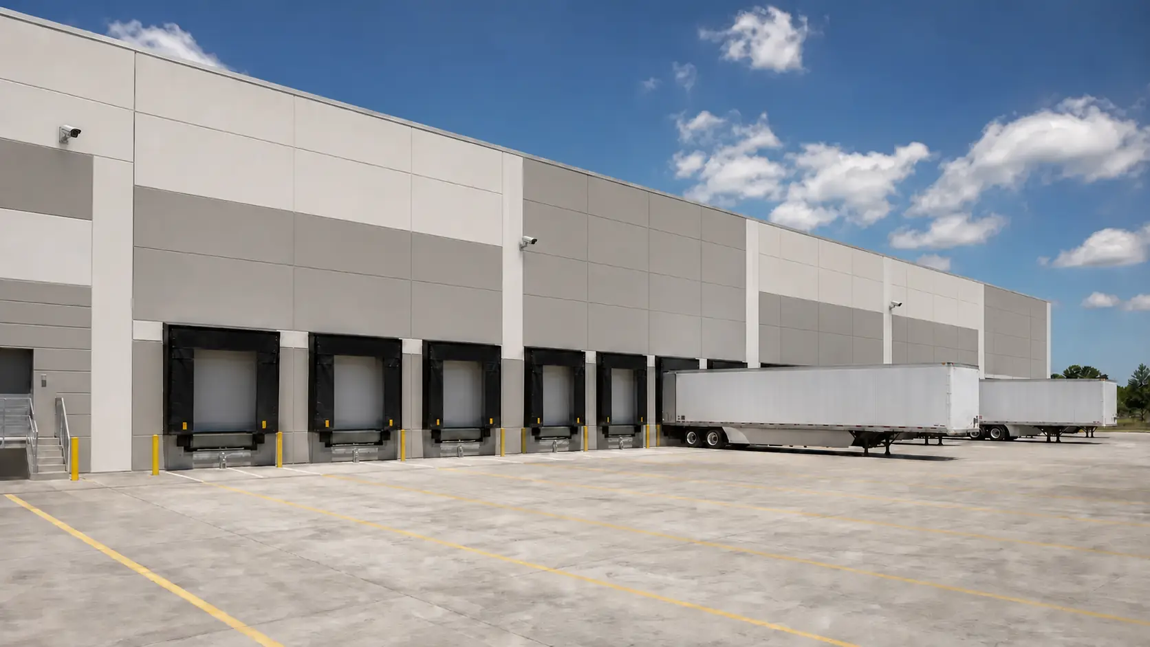 Large distribution-center facade with exactly three compact cameras mounted at one consistent facade elevation above the loading bays