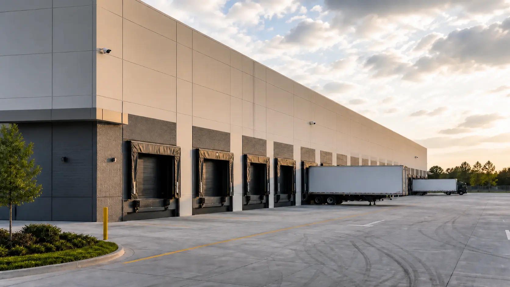 Large warehouse truck court with exactly three compact exterior cameras aligned at one consistent facade elevation
