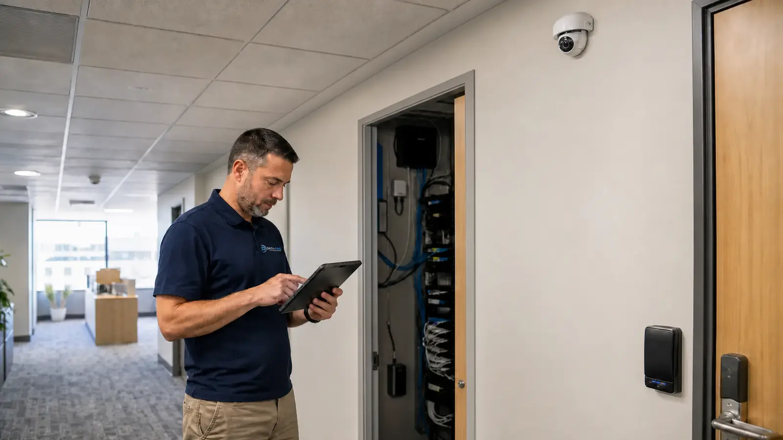 Data Pro Communications technician documenting a commercial camera and secured network closet with concealed cable pathways