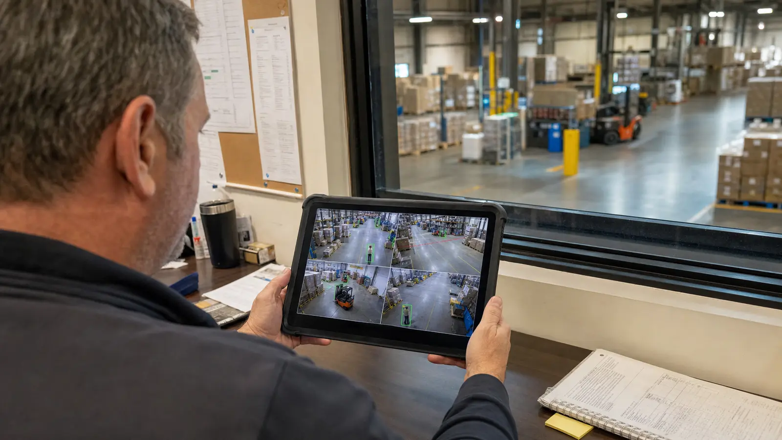 Commercial manager reviewing AI video analytics events on a tablet inside a warehouse