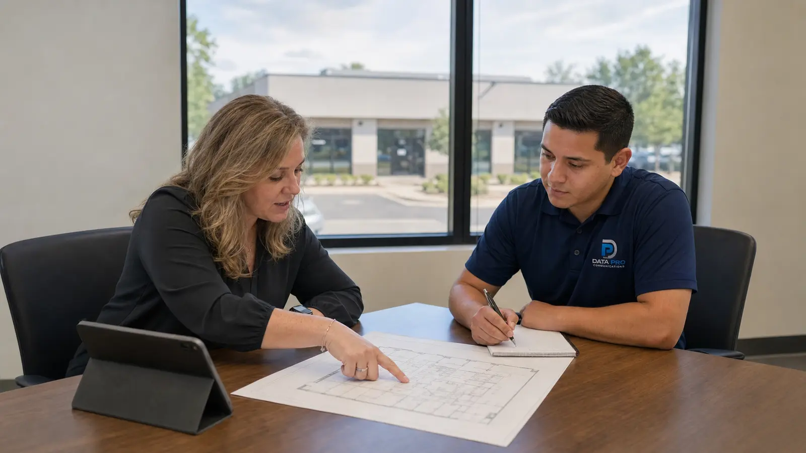 Lakeland property representative discussing camera and low-voltage project requirements with Data Pro Communications