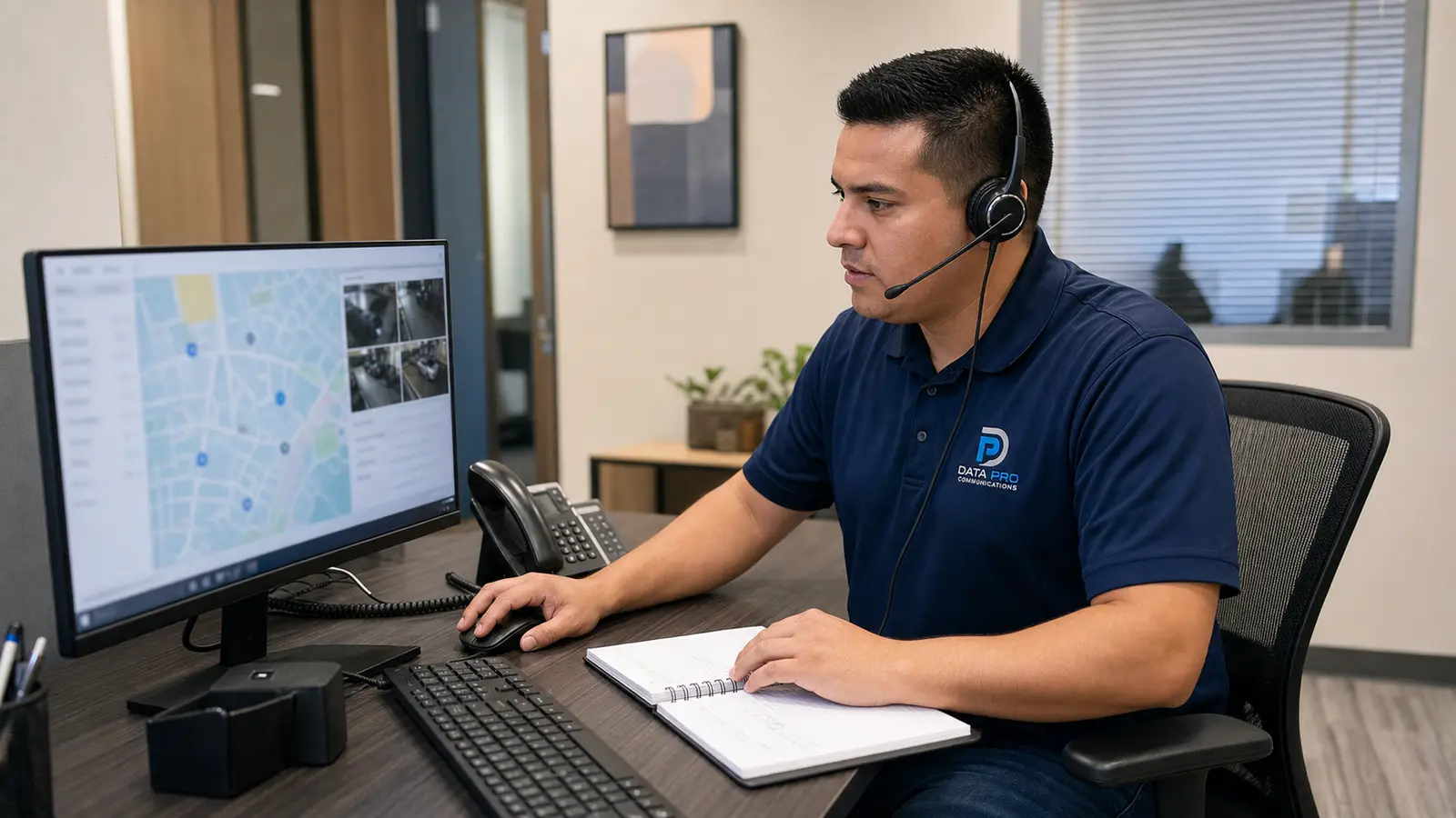 Data Pro Communications support coordinator reviewing a Lakeland service request
