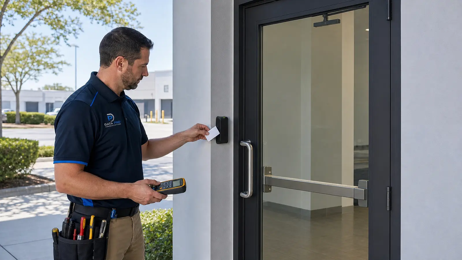 Commercial access control reader installed beside a secured entry door