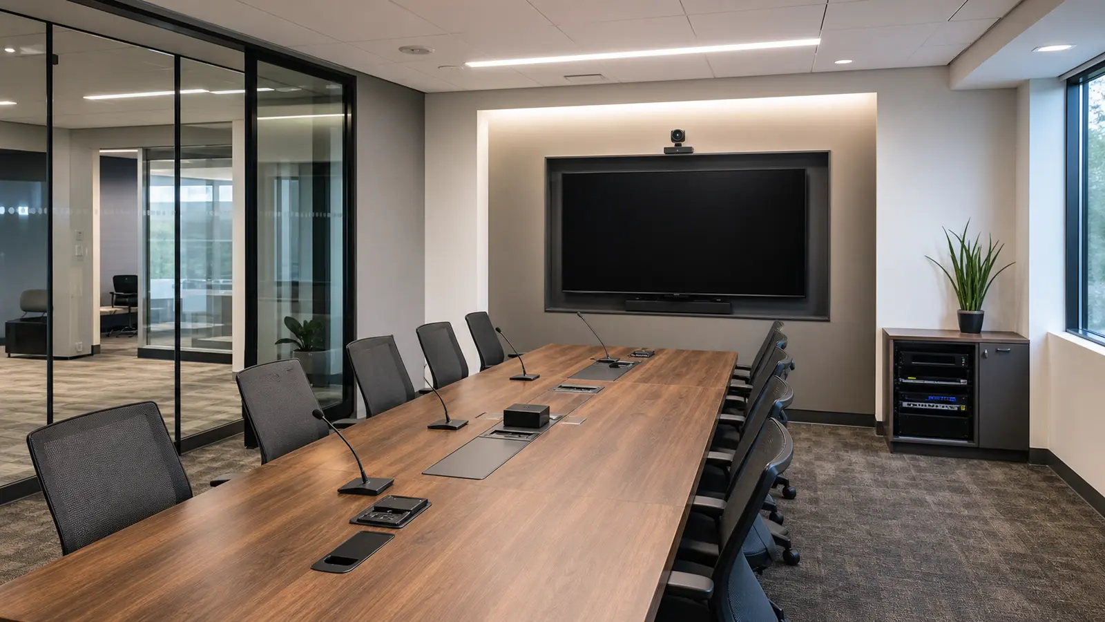 Commercial conference room with professionally installed display and collaboration equipment