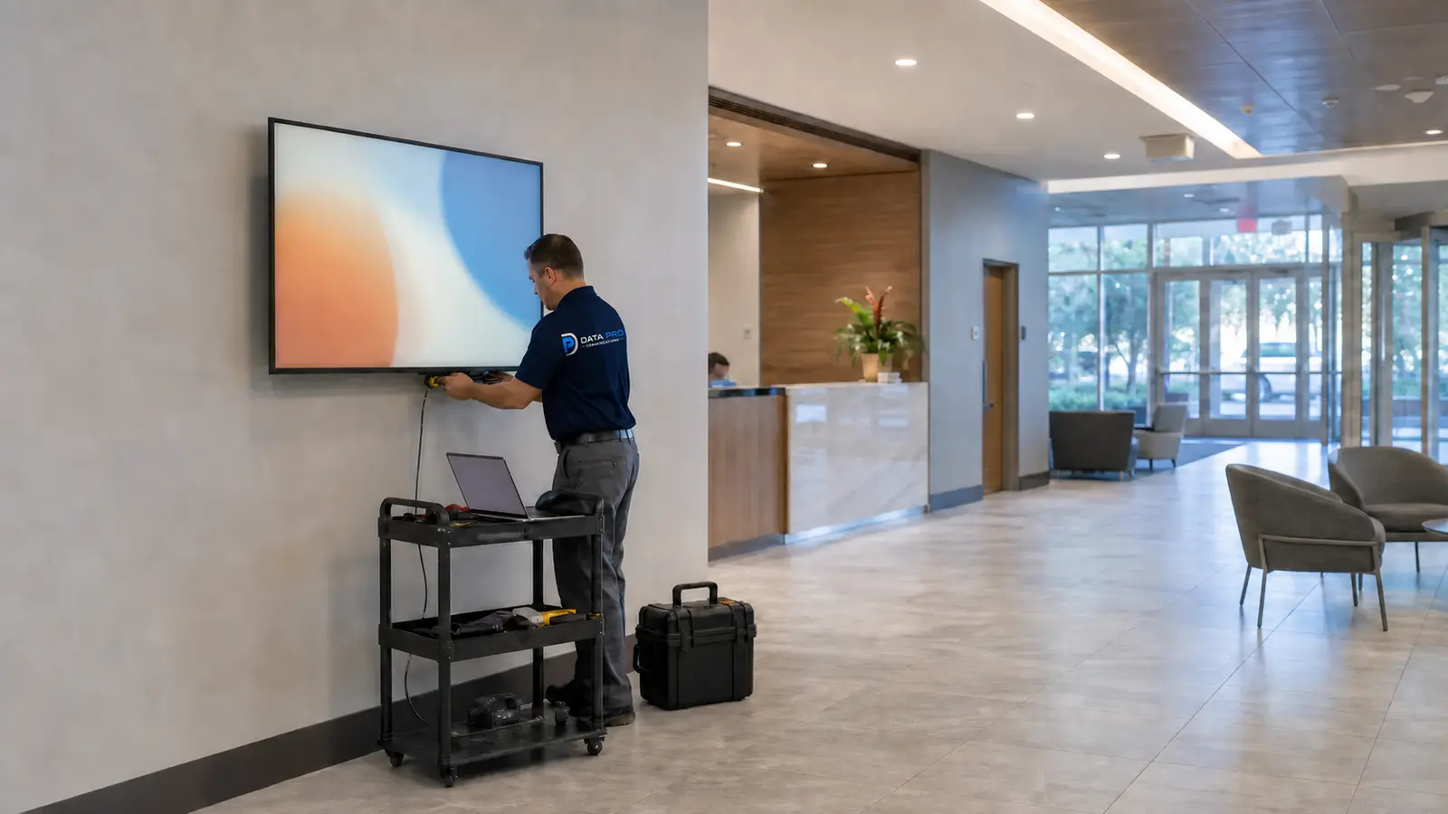 Digital signage display installed in a professional commercial property