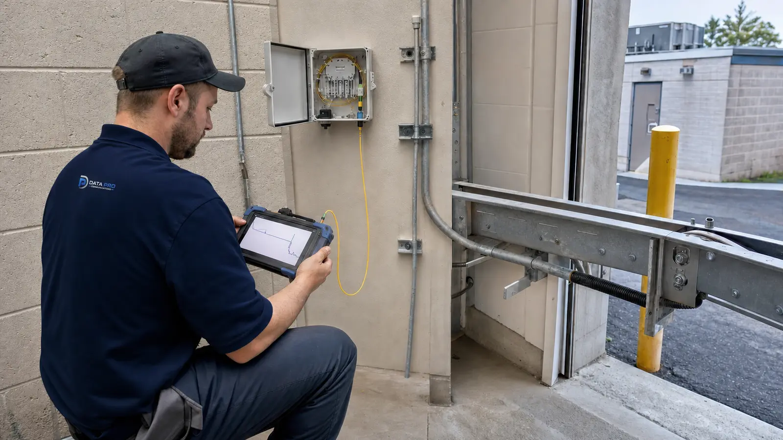 Technician testing a commercial building fiber pathway with an OTDR