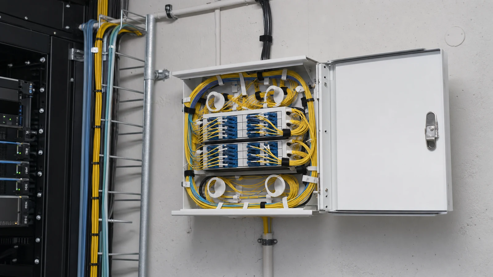 Organized commercial fiber backbone enclosure with correct patching