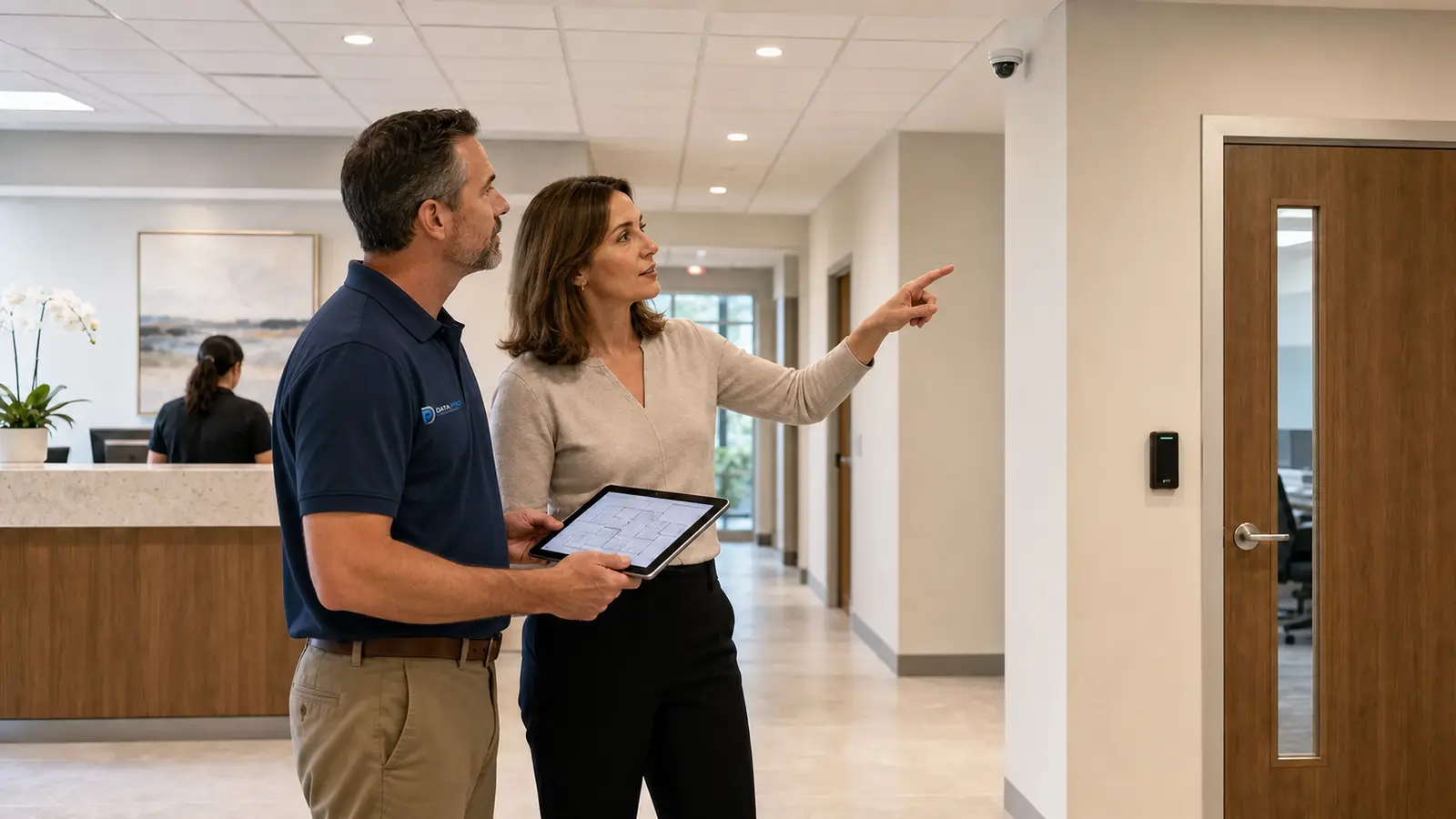 Office manager and low-voltage consultant planning discreet lobby security coverage