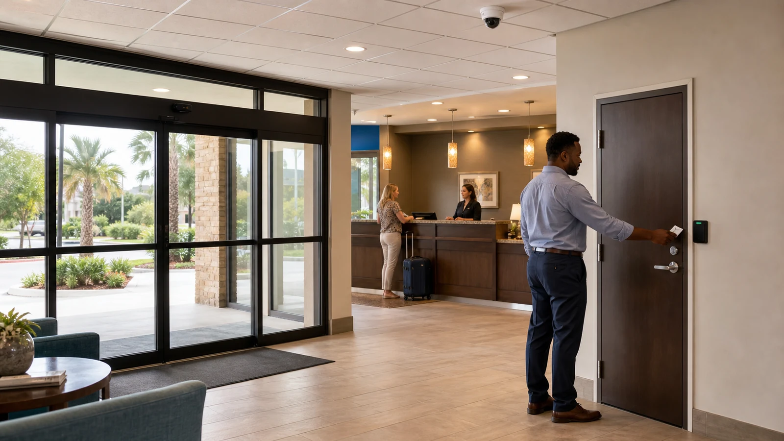 Hotel lobby with camera coverage at the guest entry and controlled staff access