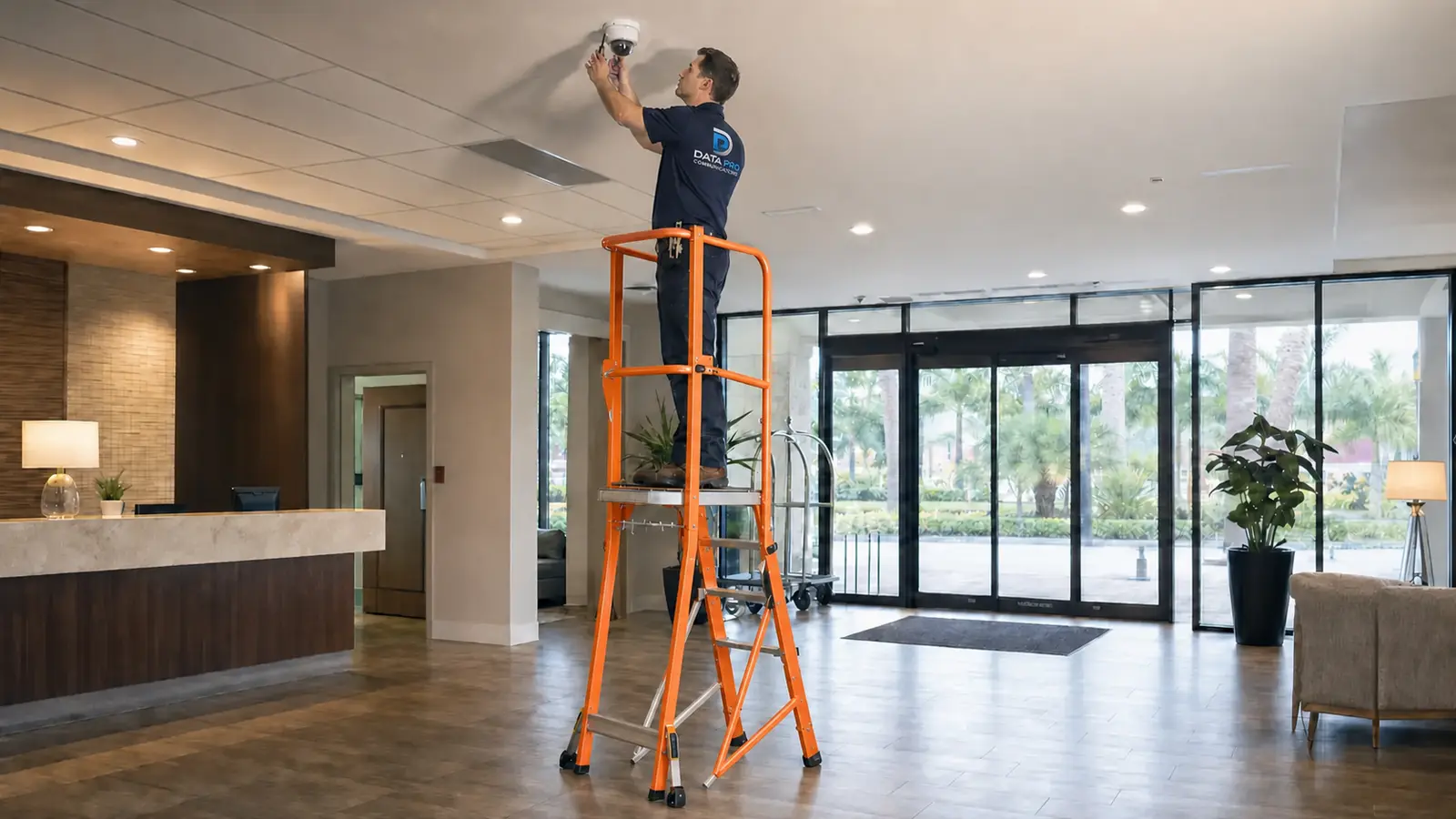 Technician safely installing a single security camera in a hotel lobby