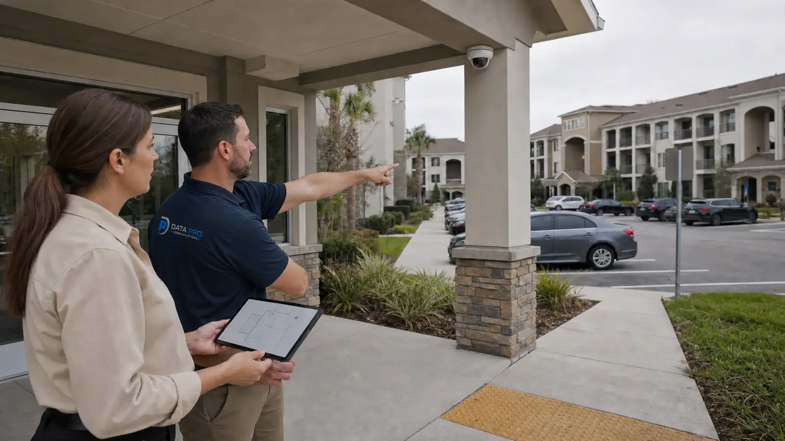 Property manager and technician planning shared-entry and parking camera coverage