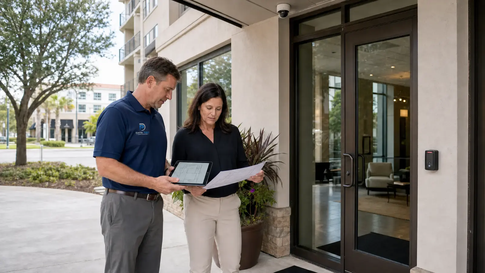 Property manager and consultant reviewing camera and controlled-entry coverage on site
