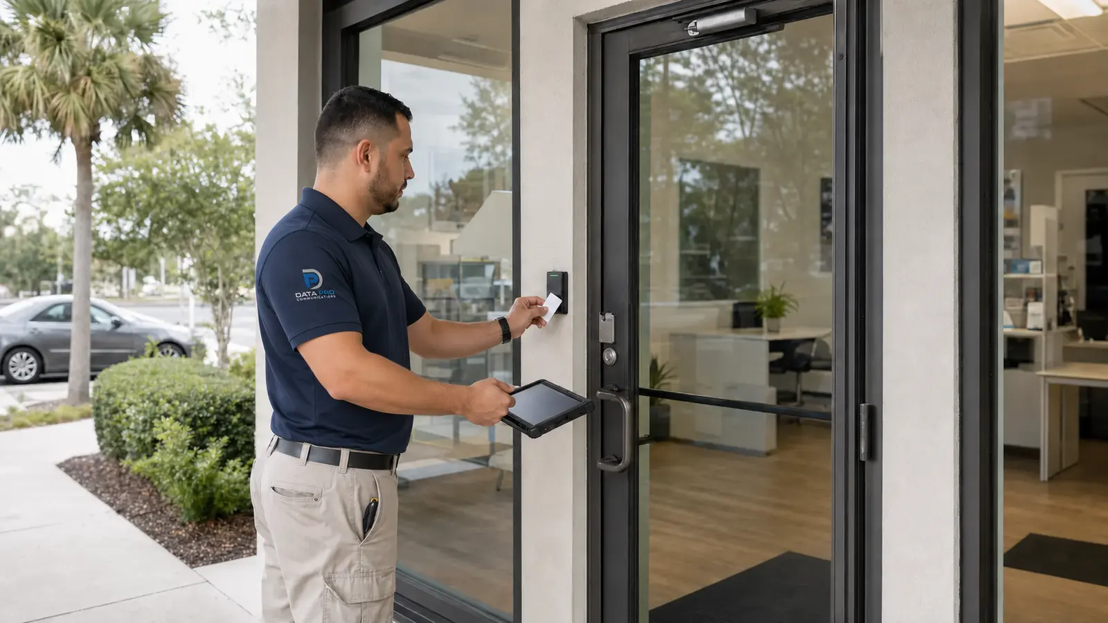 Technician commissioning a credential reader at a commercial office entry