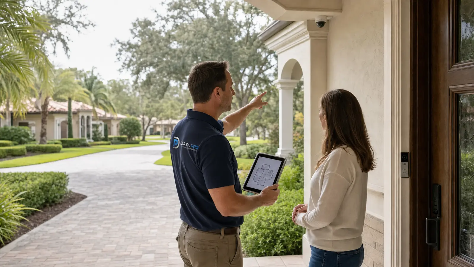 Homeowner and consultant planning integrated low-voltage systems at a custom residence
