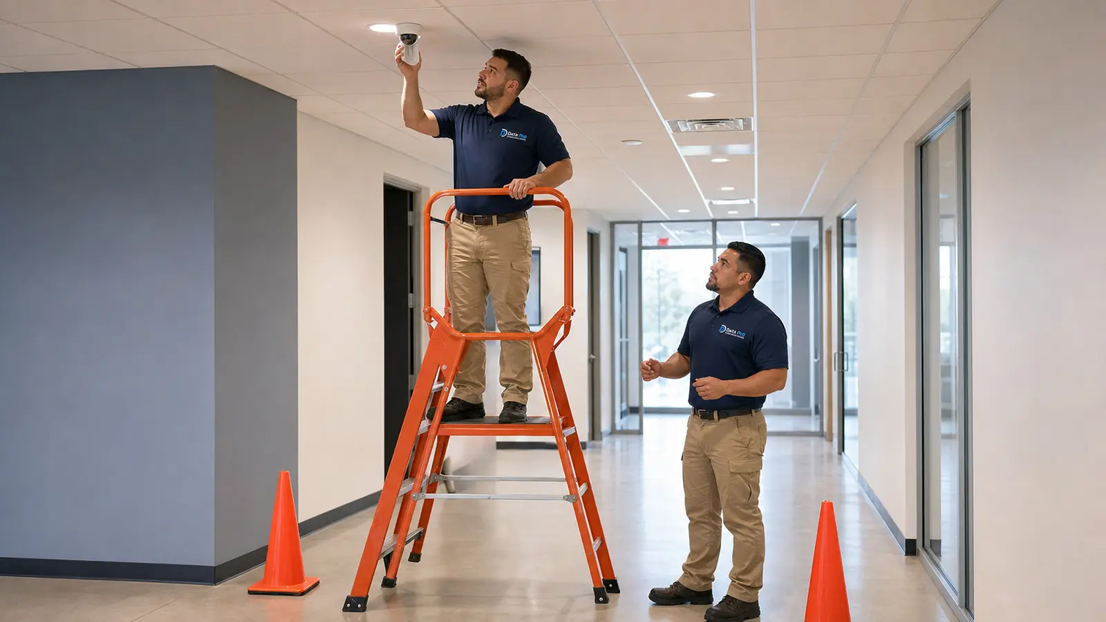 Data Pro Communications technicians safely maintaining a commercial dome camera from a secured orange platform ladder
