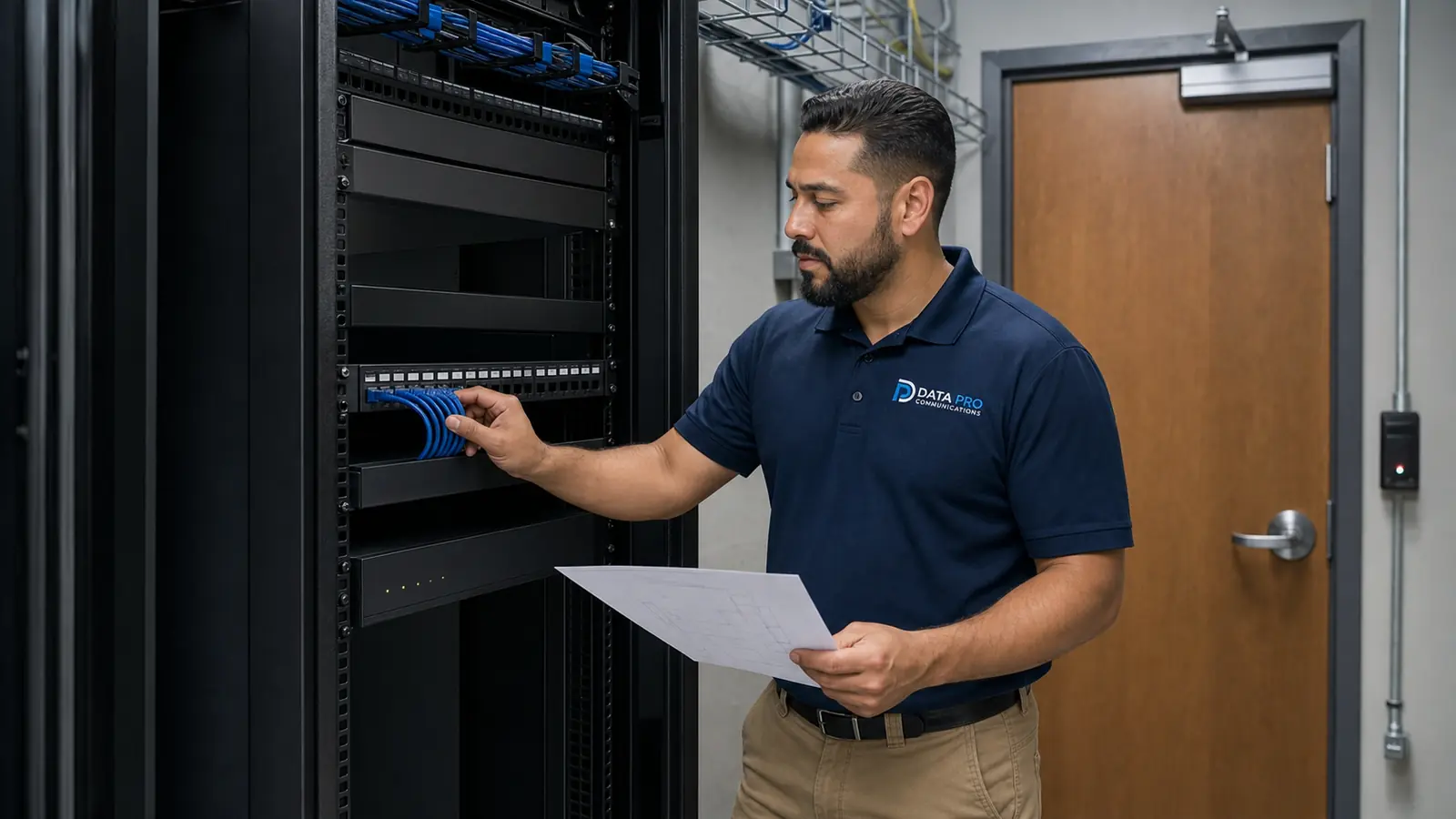 Data Pro Communications technician assessing an existing commercial camera system inside a dedicated equipment room