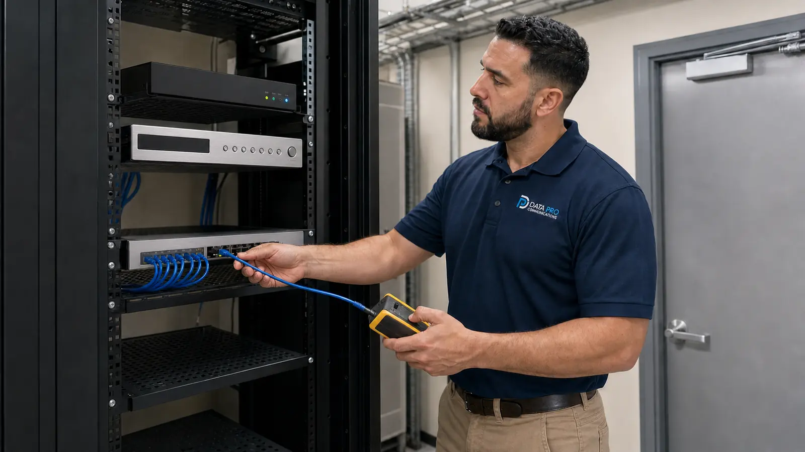 Data Pro Communications technician comparing an existing recorder with a new video appliance inside a dedicated IDF