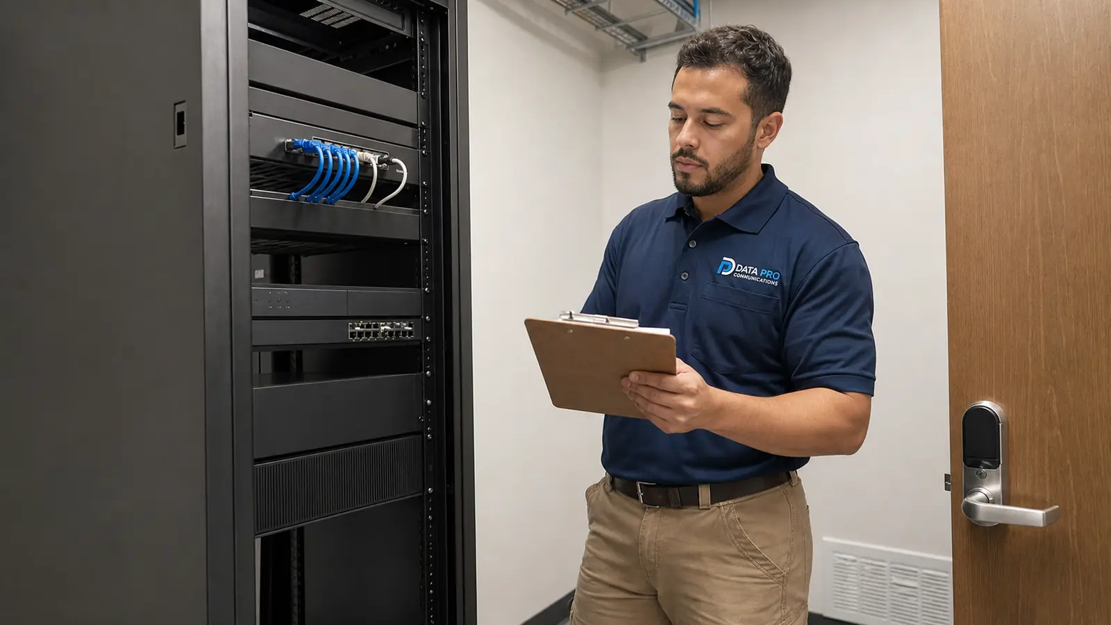 Data Pro Communications technician surveying a compact NVR, PoE and UPS installation inside a dedicated commercial IDF
