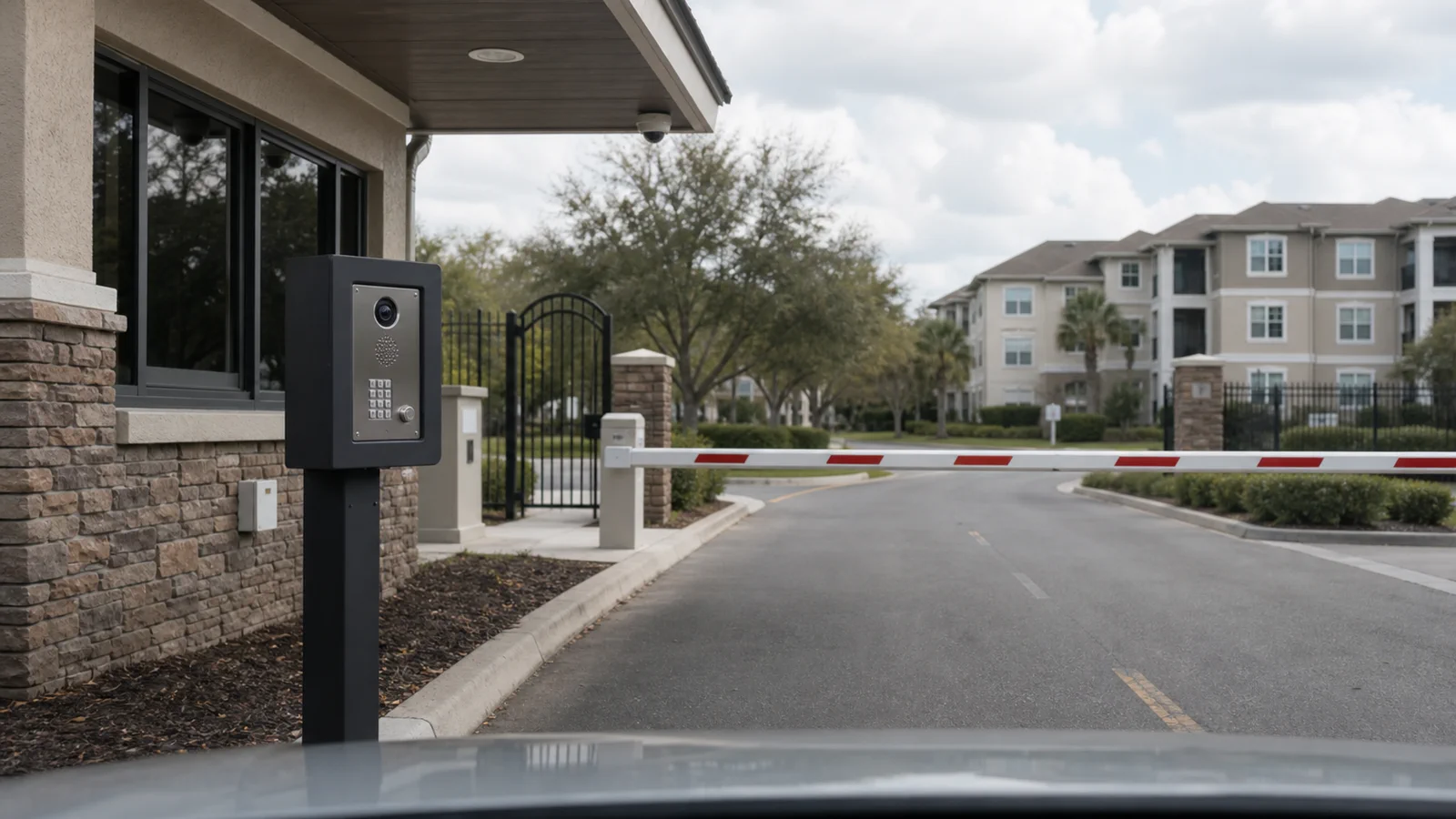 Community entrance with an intercom positioned before the vehicle barrier, a separate pedestrian gate and camera coverage