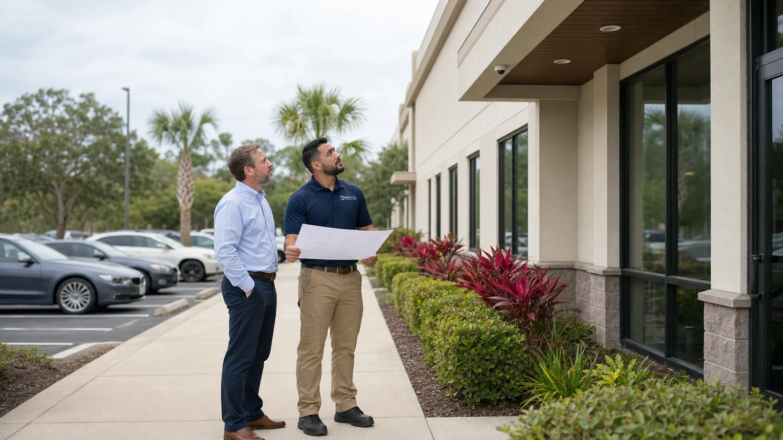 Data Pro Communications consultant and a Lakeland facilities manager reviewing entrance, parking and camera sightlines outside a finished commercial office