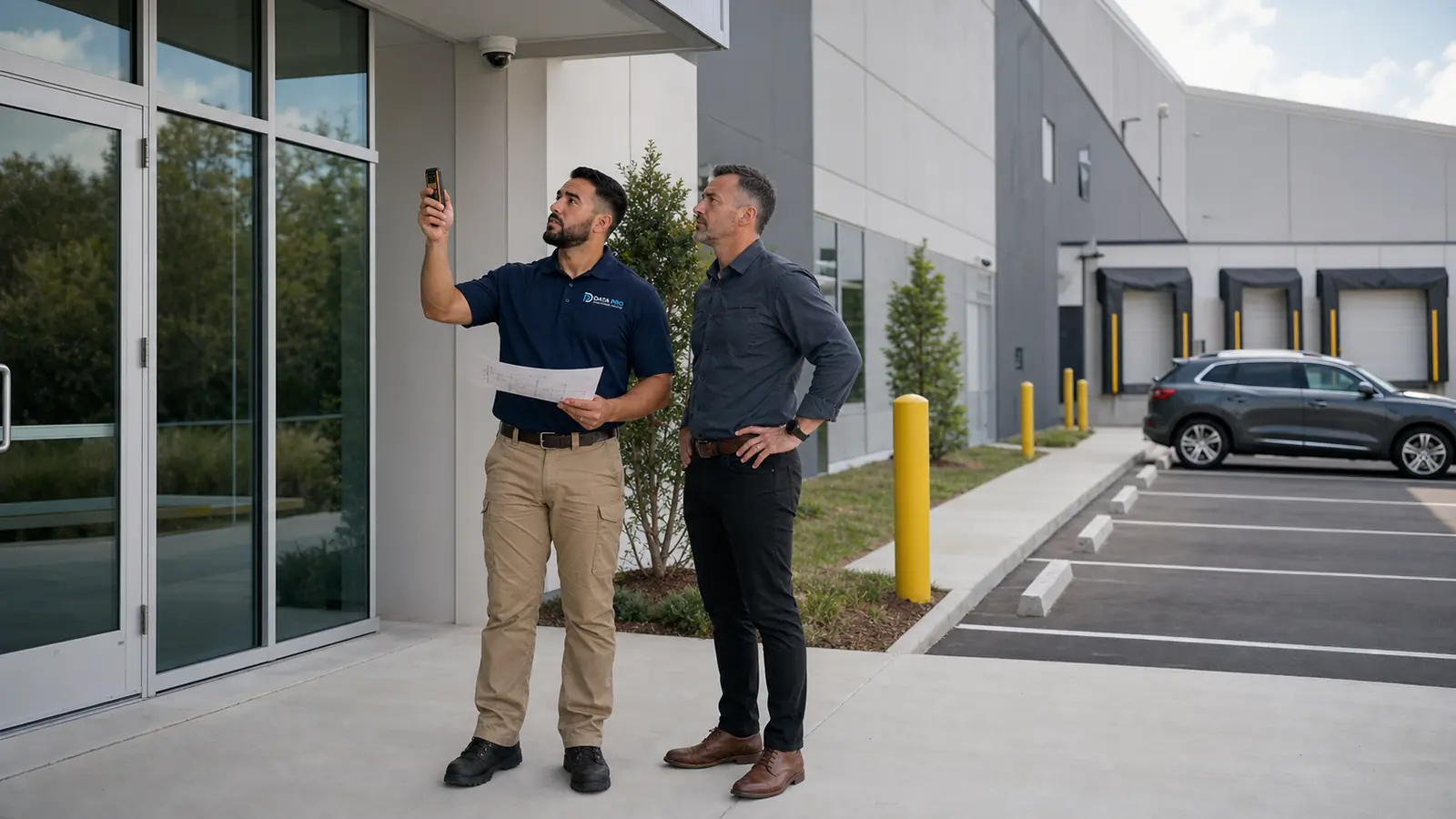 Data Pro Communications specialist surveying camera sightlines at a finished Lakeland office-to-warehouse commercial property