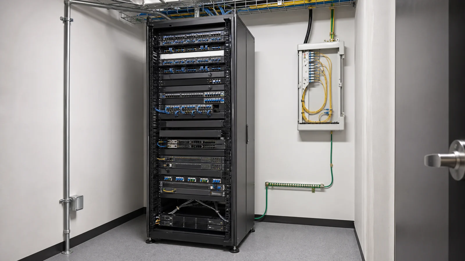 Locked dedicated IDF with an organized grounded rack, fiber enclosure, switches and supported cable pathways