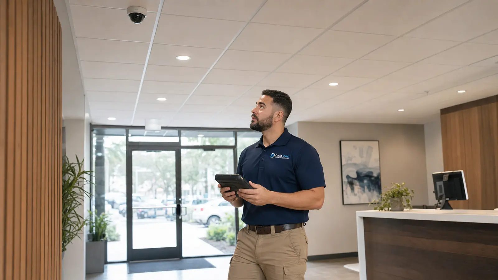 Data Pro Communications technician testing a discreet dome camera beneath a finished retail or office ceiling
