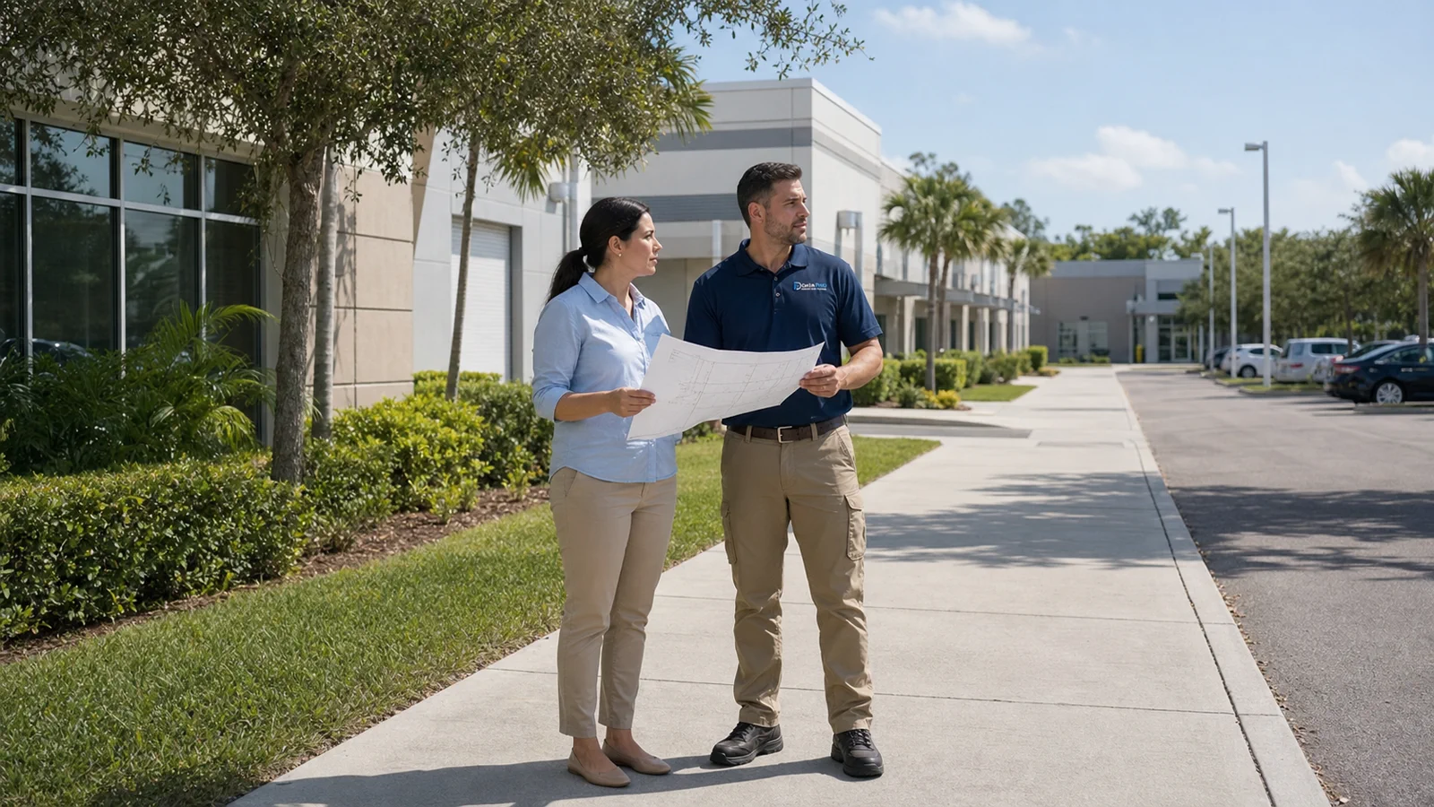 Data Pro Communications technician reviewing a site plan with a client at a Polk County commercial campus