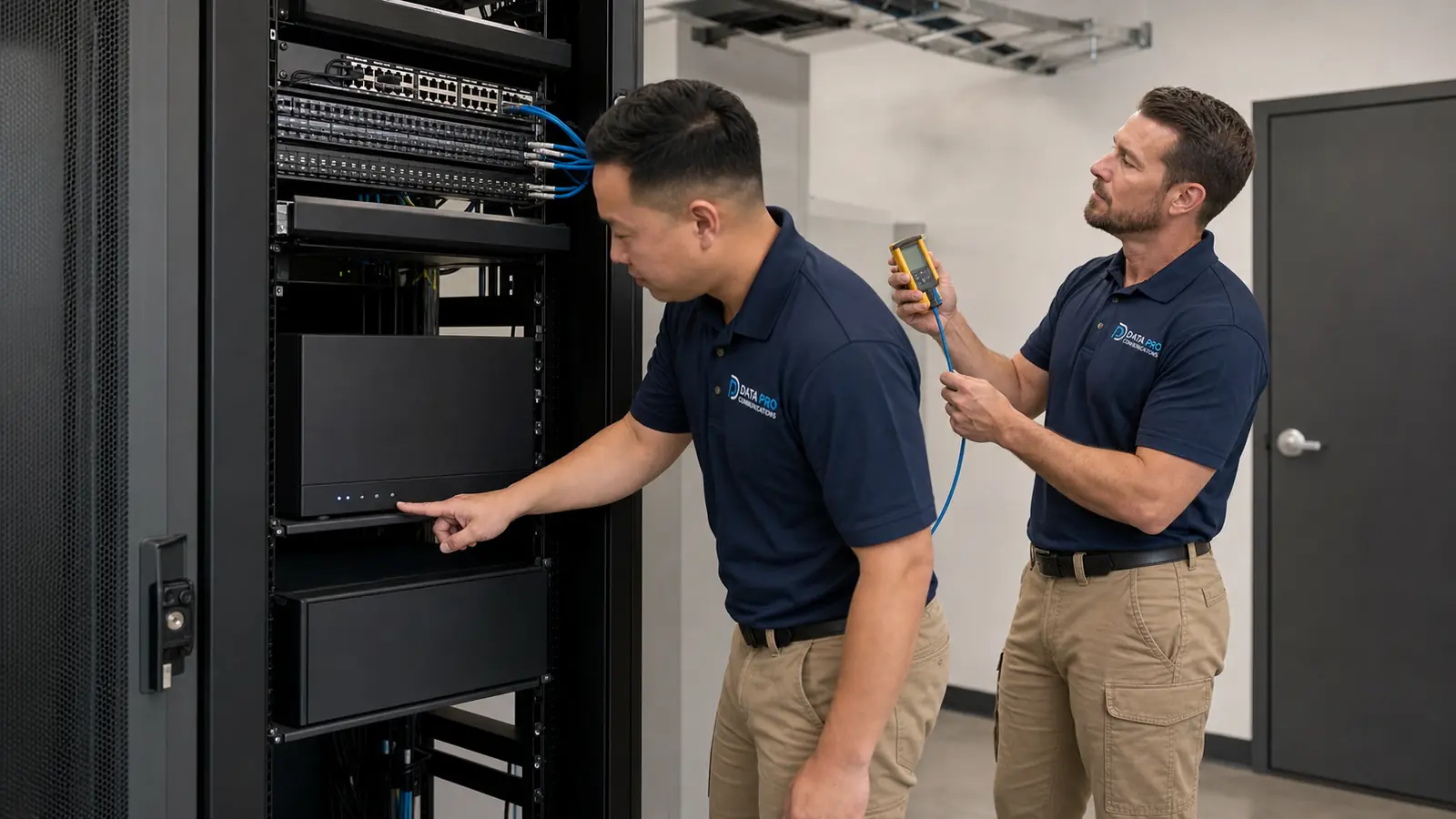 Data Pro Communications technicians assessing an existing camera system inside a dedicated equipment room