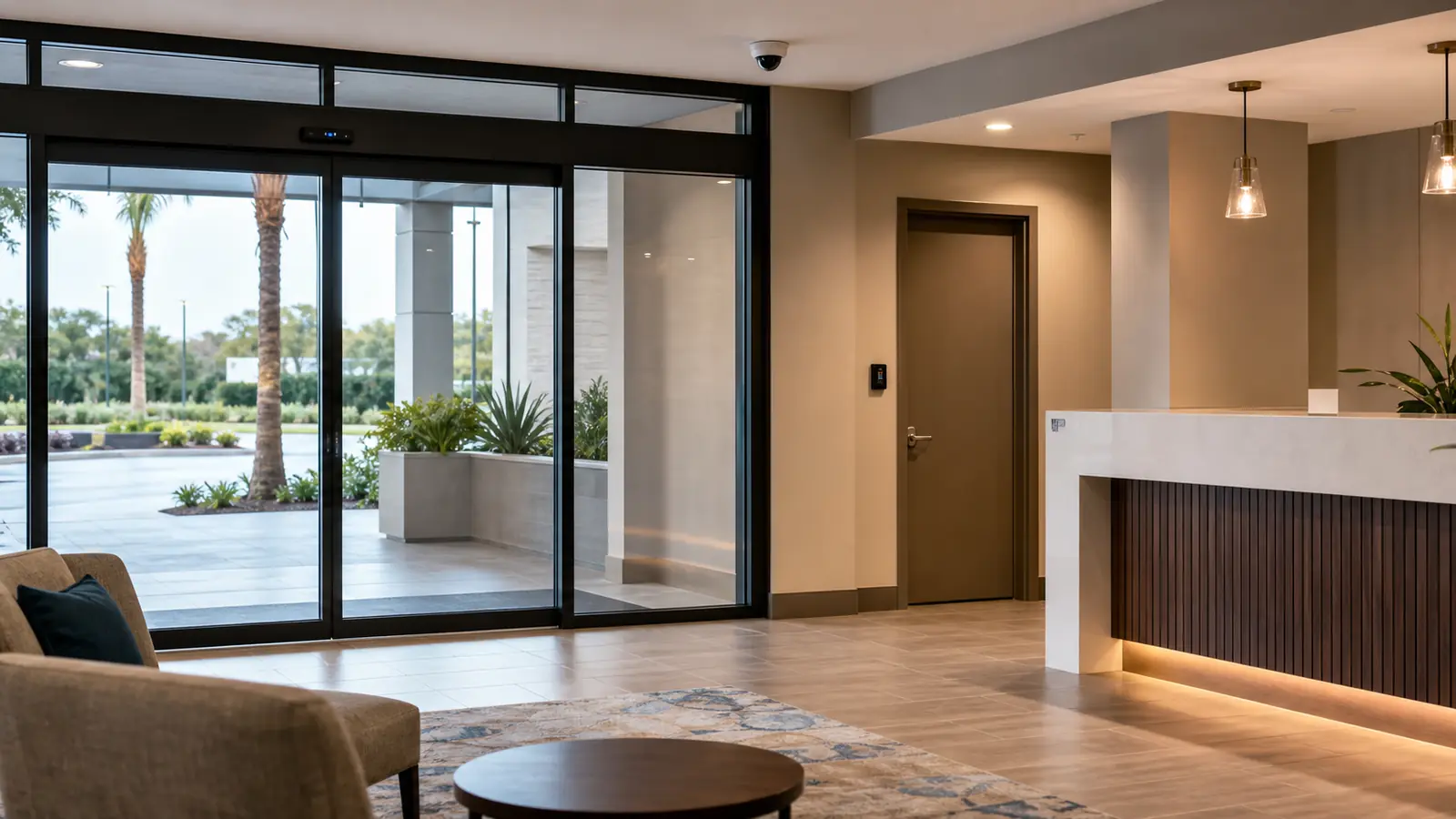 Representative hospitality entry with integrated camera and access coverage