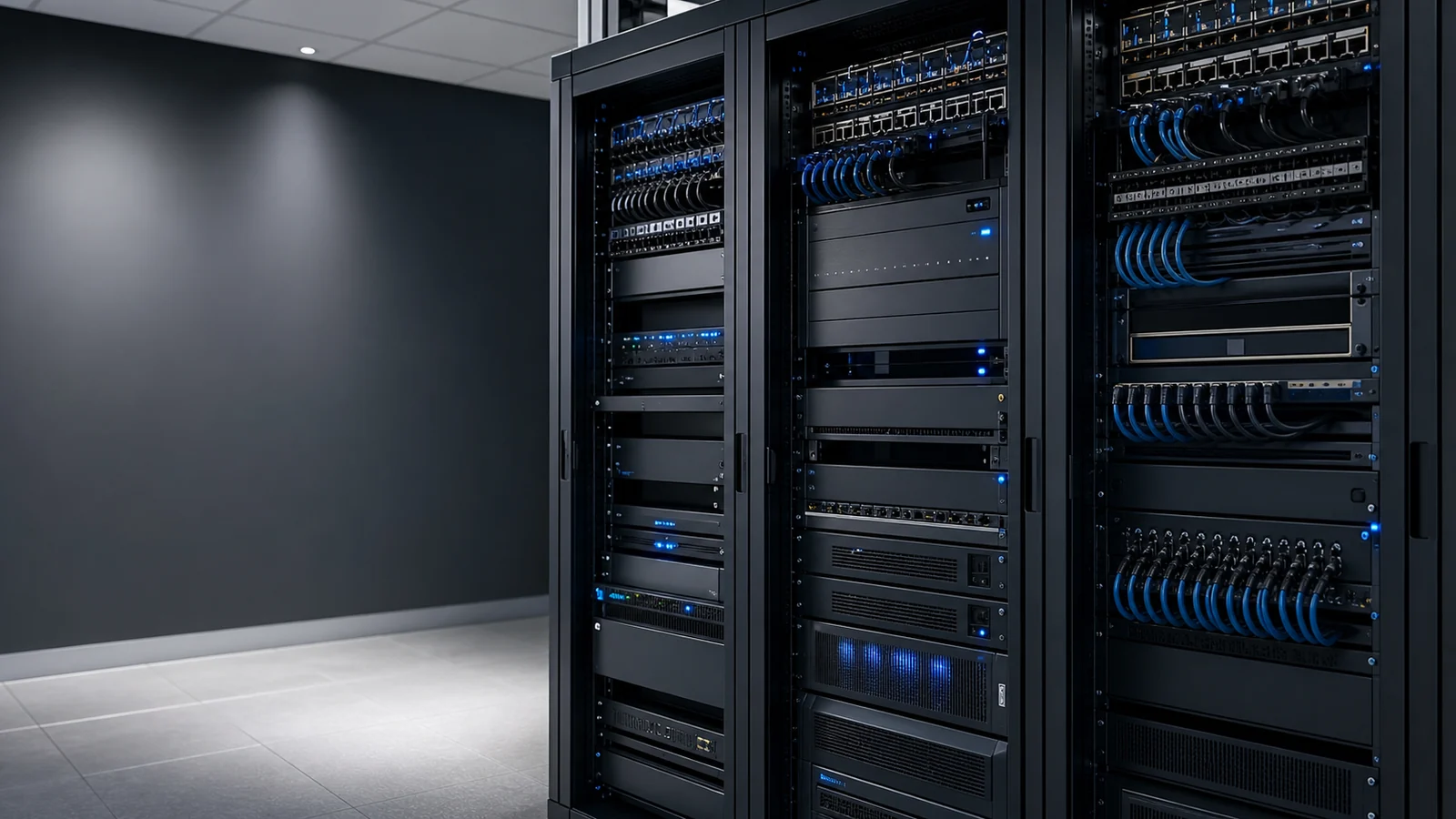 Organized commercial equipment racks with labeled blue Cat6 patching and supported network connections