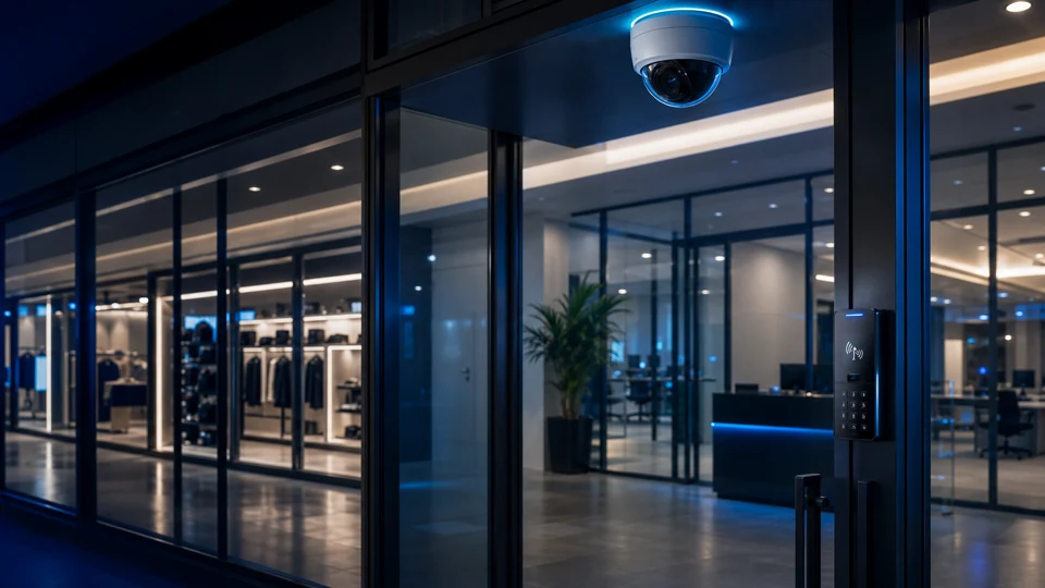 Retail and office entrance with credential reader and security camera coverage supporting an access-control workflow